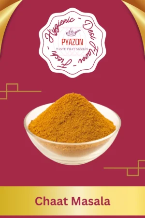 Chaat masala spice blend in a bowl with fruits and snacks – Pyazon spices