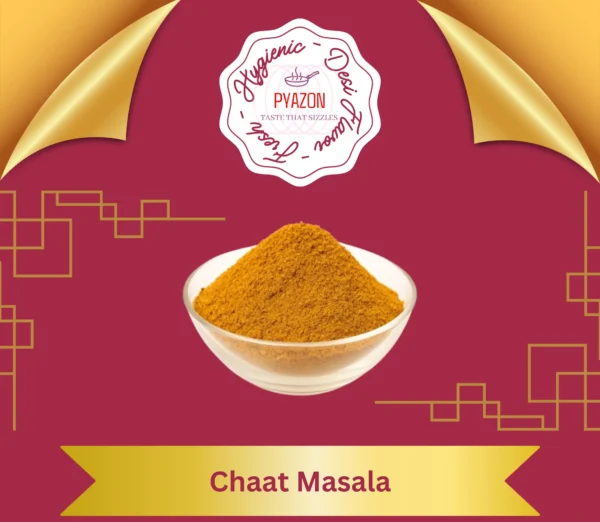 Chaat masala spice blend in a bowl with fruits and snacks – Pyazon spices