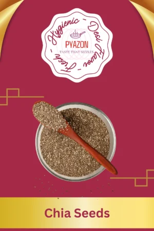 A spoonful of premium chia seeds with wooden background – healthy superfood by Pyazon