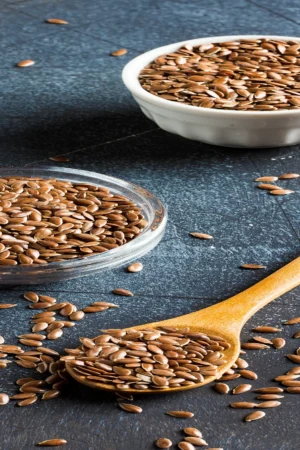 Organic flax seeds in a bowl – high in omega-3, fiber, and protein