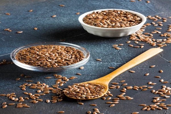 Organic flax seeds in a bowl – high in omega-3, fiber, and protein
