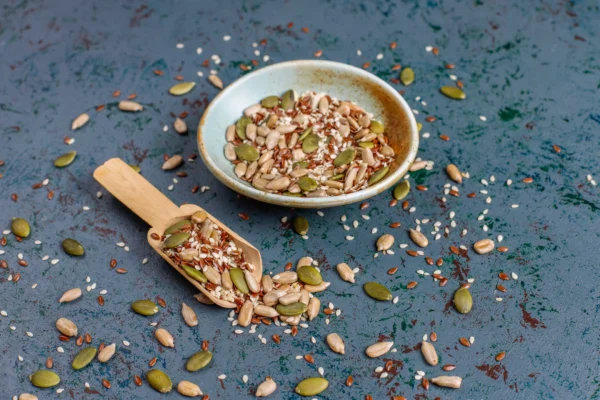 A blend of flax, chia, pumpkin, sunflower, and sesame seeds in a bowl – Pyazon’s healthy mix seeds