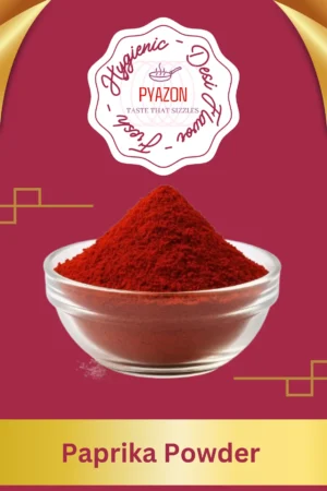 Paprika powder in a bowl with wooden spoon and scattered red pepper flakes – Pyazon spice collection